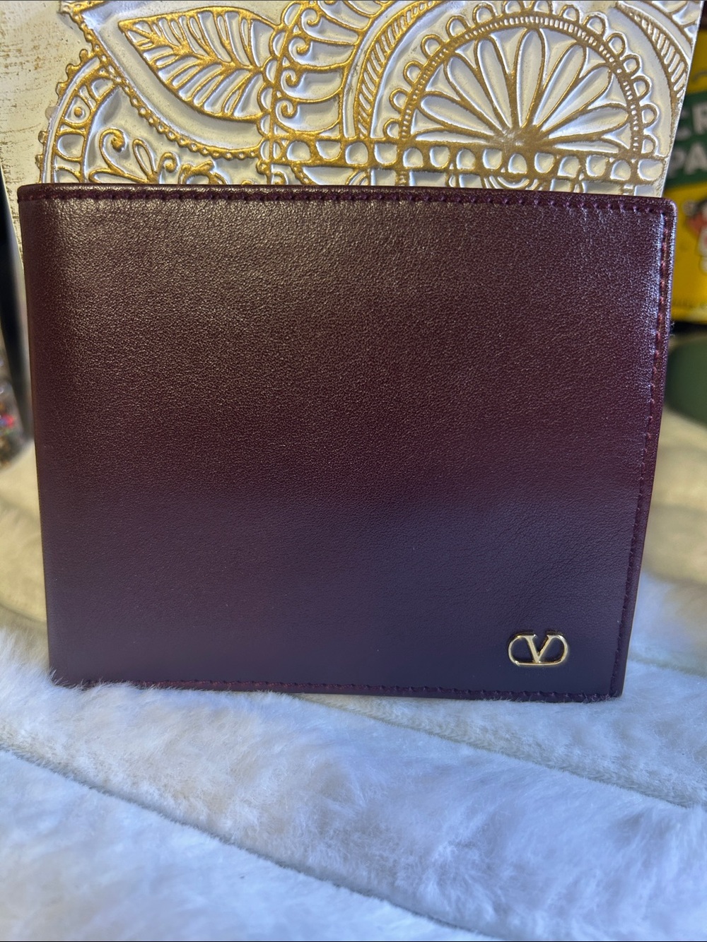 Valentino Garavani Leather Wallet in Burgundy with Gold Logo